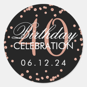 Rose Gold 40th Birthday Glitter Confetti Black Classic Round Sticker