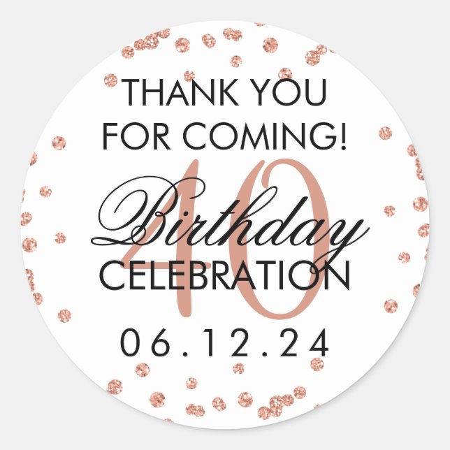 Rose Gold 40th Birthday Thank You Glitter Confetti Classic Round Sticker (Front)