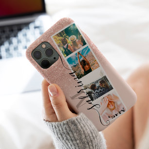 Rose gold 4 photo grid collage name blush monogram iPhone 15 pro case