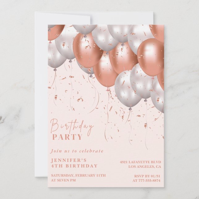 Rose gold 4th birthday invitations Balloon Glam  (Front)