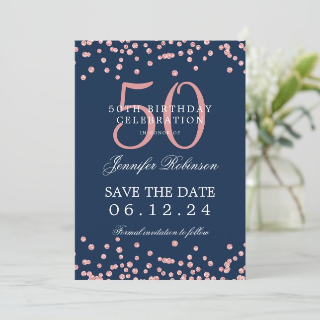 Rose Gold 50 Birthday Save Date Confetti Navy Blue Invitation (Standing Front)