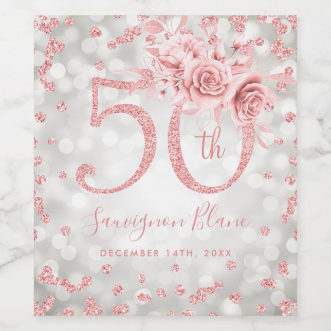 Rose Gold 50th Birthday Floral Glam Lights Silver  Wine Label (Single Label)