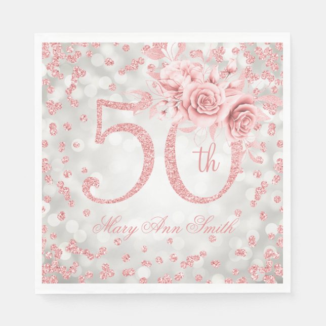 Rose Gold 50th Birthday Floral Lights Silver  Napkin (Front)