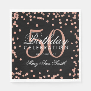 Rose Gold 50th Birthday Glitter Confetti Black Napkin