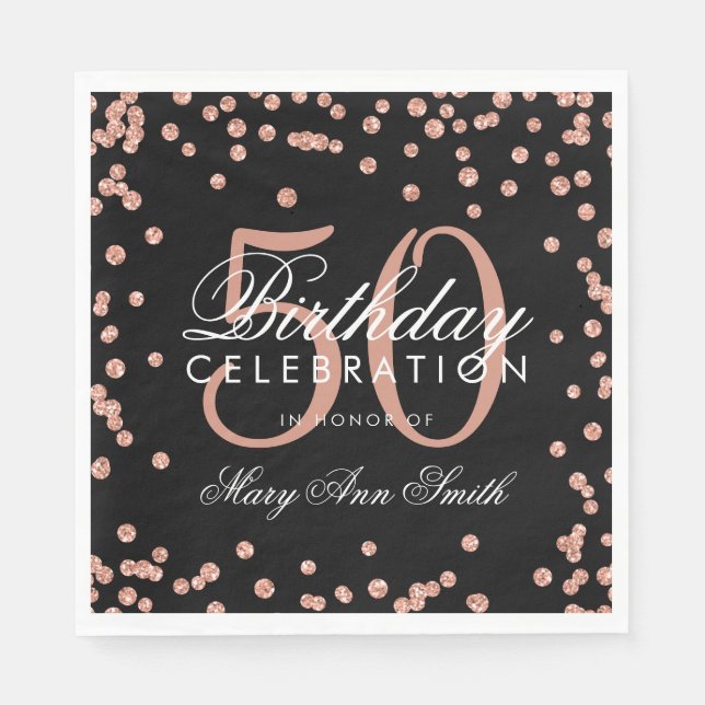 Rose Gold 50th Birthday Glitter Confetti Black Napkin (Front)