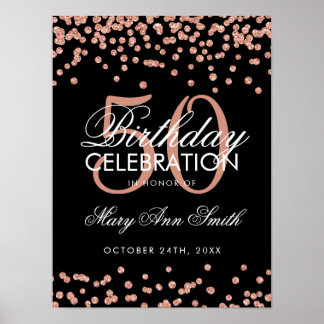 Rose Gold 50th Birthday Glitter Confetti Black Poster