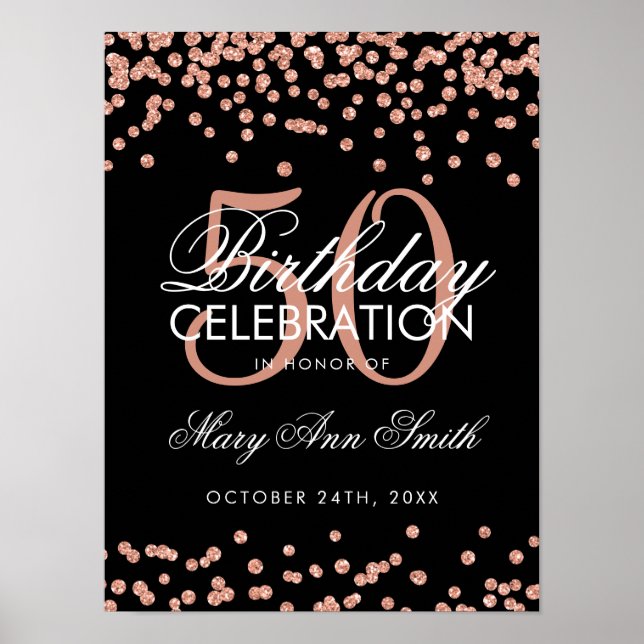 Rose Gold 50th Birthday Glitter Confetti Black Poster (Front)