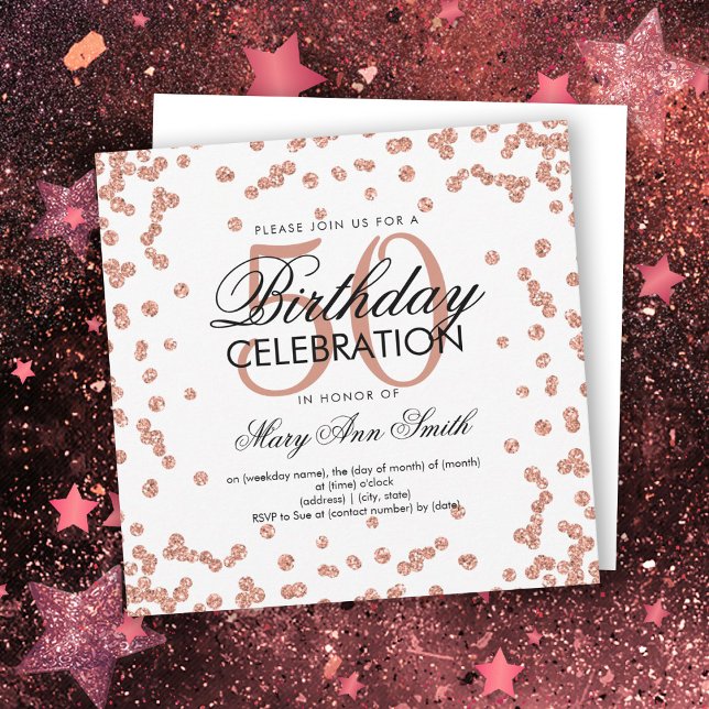 Rose Gold 50th Birthday Glitter Confetti White Invitation (Creator Uploaded)