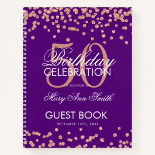 Rose Gold 50th Birthday Guestbook Confetti Purple Notebook