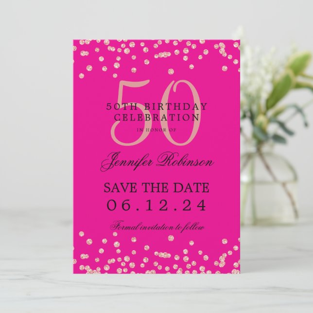 Rose Gold 50th Birthday Party Save Date Hot Pink Invitation (Standing Front)