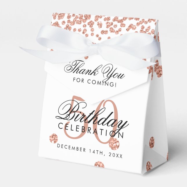 Rose Gold 50th Birthday Thank You Confetti White Favour Box (Front Side)