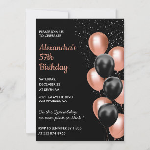 Rose gold 57th birthday invitation Balloon Black