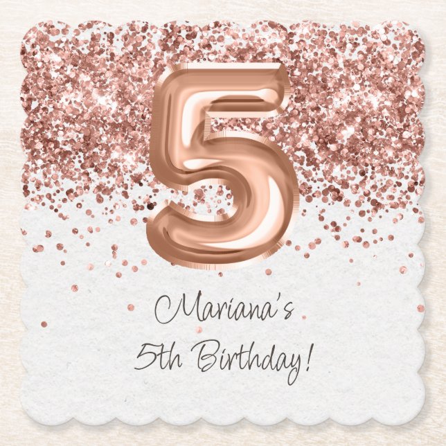 Rose Gold 5th Birthday Party Paper Coaster (Front)