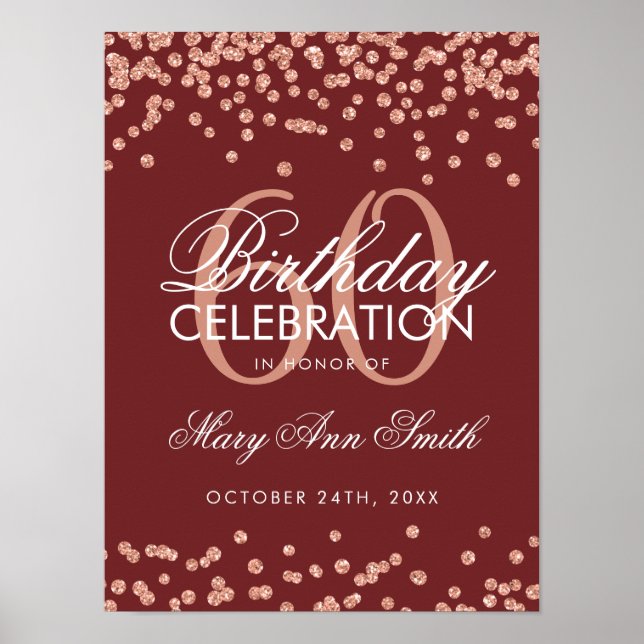 Rose Gold 60th Birthday Glitter Confetti Burgundy Poster (Front)
