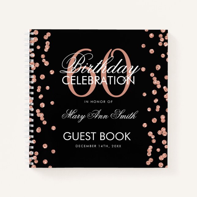 Rose Gold 60th Birthday Guestbook Confetti Black Notebook (Front)