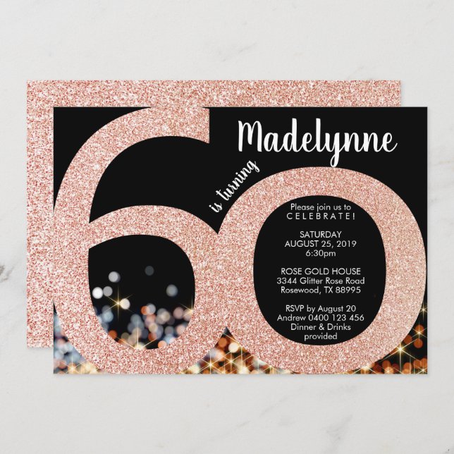 Rose Gold 60th Birthday Invitation - Female 60th (Front/Back)