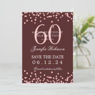 Rose Gold 60th Birthday Save the Date Burgundy Invitation