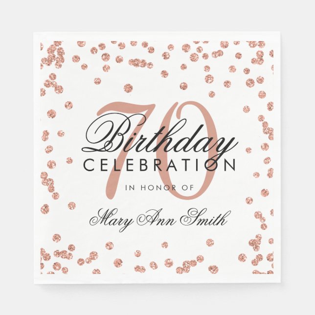 Rose Gold 70th Birthday Glitter Confetti White Napkin (Front)