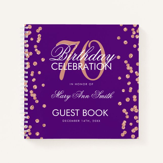 Rose Gold 70th Birthday Guestbook Confetti Purple Notebook (Front)