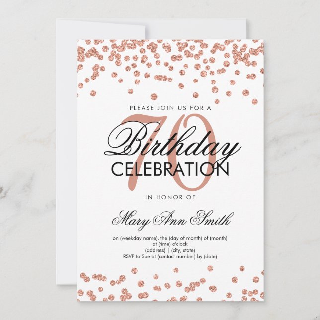 Rose Gold 70th Birthday Party Glitter Confetti Invitation (Front)