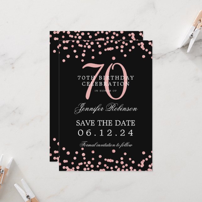 Rose Gold 70th Birthday Save Date Details Black Invitation (Front/Back In Situ)