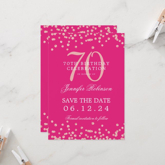 Rose Gold 70th Birthday Save Date Details Hot Pink Invitation (Front/Back In Situ)