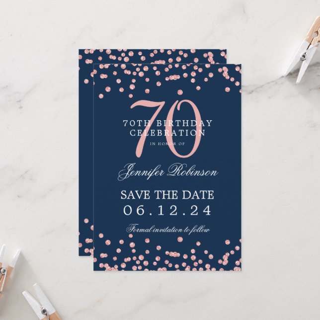 Rose Gold 70th Birthday Save Date Details Navy Blu Invitation (Front/Back In Situ)