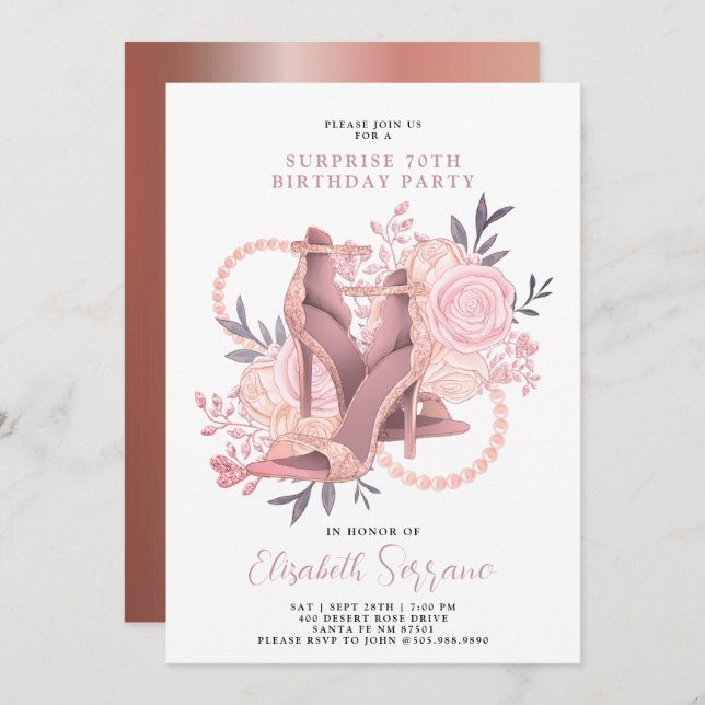 Rose Gold 70th Birthday Surprise Invitation (Front/Back)