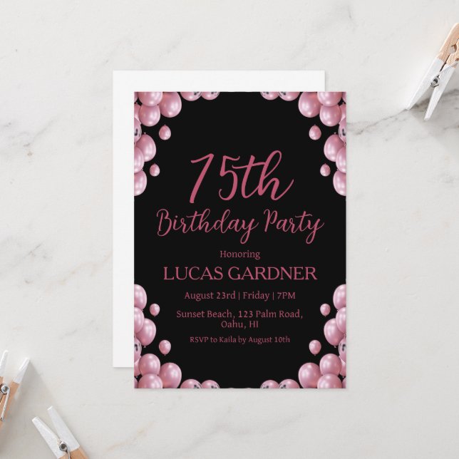 Rose gold 75th birthday invitations (Front/Back In Situ)