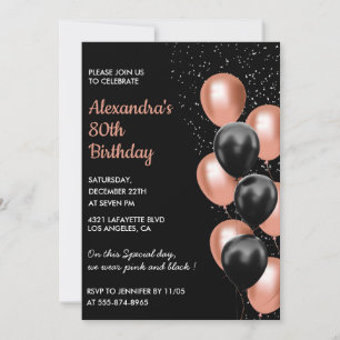 Rose gold 80th birthday invitation Balloon Black