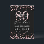 Rose Gold 80th Birthday Save Date Details Black  Invitation<br><div class="desc">Elegant "70th Birthday Party" design with faux glitter confetti & details text. Easy to use and easy to personalise. Order Today!</div>
