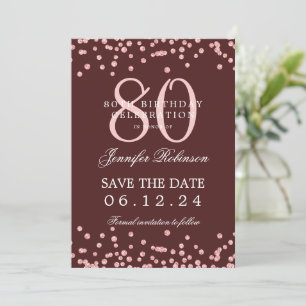 Rose Gold 80th Birthday Save Date Details Burgundy Invitation