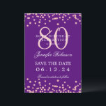Rose Gold 80th Birthday Save Date Details Purple  Invitation<br><div class="desc">Elegant "70th Birthday Party" design with faux glitter confetti & details text. Easy to use and easy to personalise. Order Today!</div>