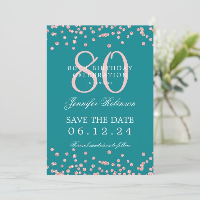 Rose Gold 80th Birthday Save Date Details Turquois Invitation (Standing Front)
