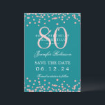 Rose Gold 80th Birthday Save Date Details Turquois Invitation<br><div class="desc">Elegant "70th Birthday Party" design with faux glitter confetti & details text. Easy to use and easy to personalise. Order Today!</div>