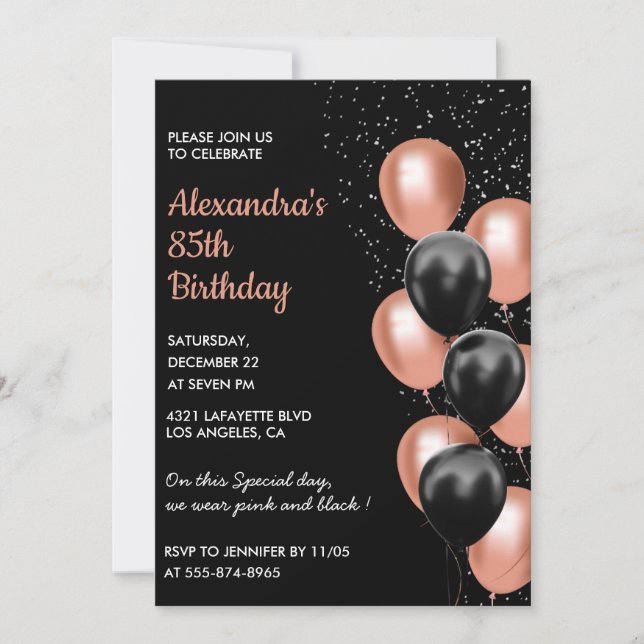 Rose gold 85th birthday invitation Balloon Black (Front)