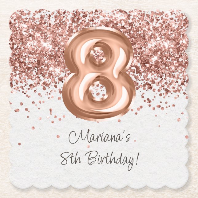  Rose Gold 8th Birthday Party Paper Coaster (Front)