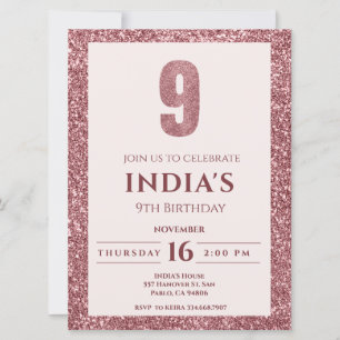 rose gold 9th birthday invitation