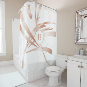 Rose Gold Abstract Art White Marble Monogram Shower Curtain