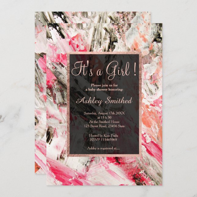 Rose gold acrylic brushstrokes girl baby shower invitation (Front/Back)