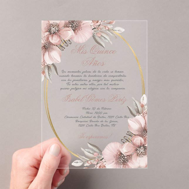 Rose gold acrylic Quinceanera invitation  (Insitu (Handheld))