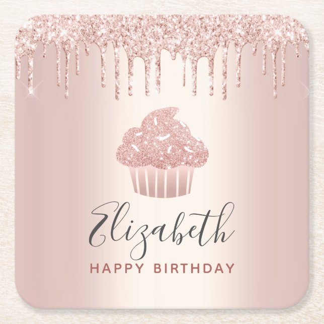 Rose gold add your name cupcake glitter drips glam square paper coaster (Front)