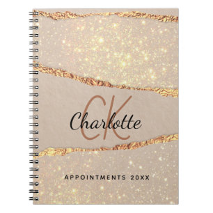 Rose gold agate glitter marble monogram luxury notebook