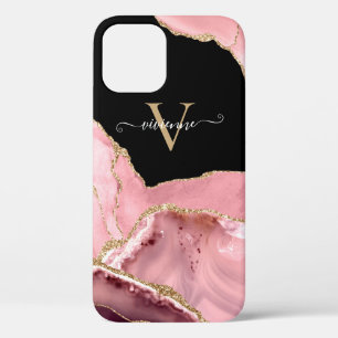 Rose Gold Agate Glitter Monogram iPhone 12 Pro Case