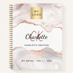 Rose gold agate logo monogram elegant business notebook