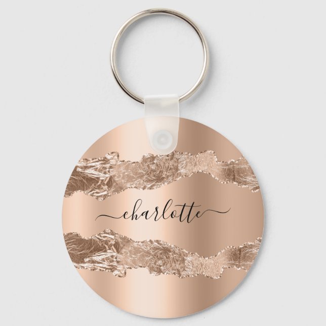 Rose gold agate marble name script key ring (Front)