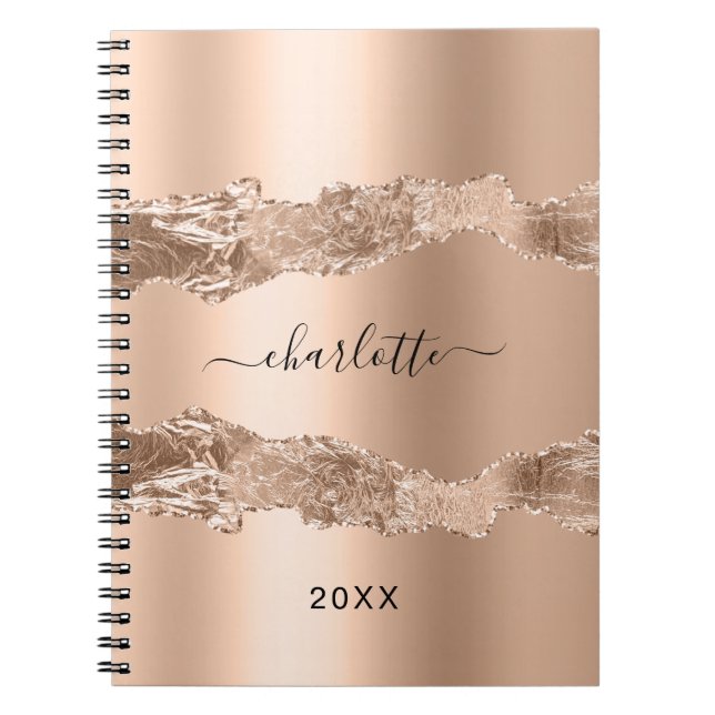 Rose gold agate marble name script notebook (Front)