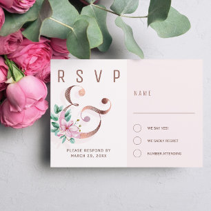 Rose gold ampersand blush pink magnolias wedding RSVP card