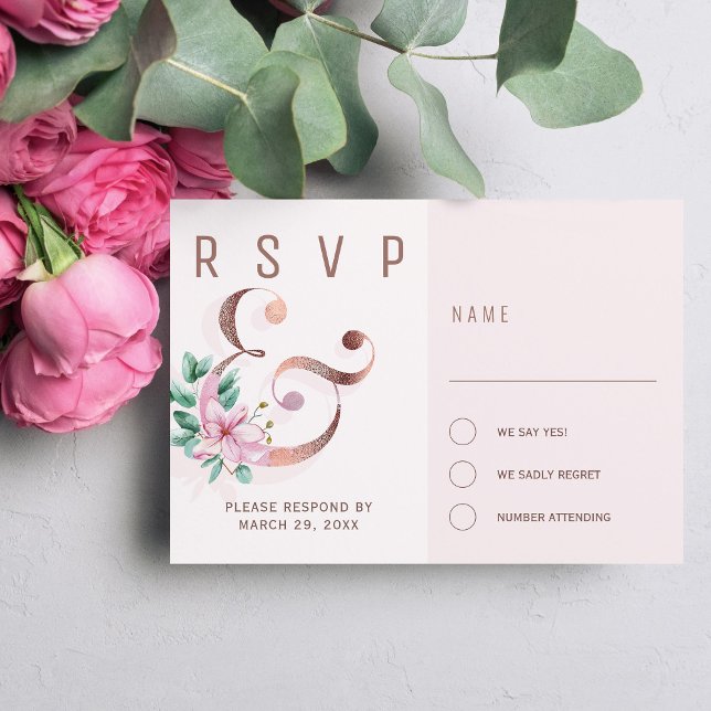 Rose gold ampersand blush pink magnolias wedding RSVP card (Creator Uploaded)