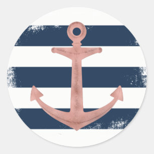 Rose Gold Anchor Nautical Navy Stripes Classic Round Sticker